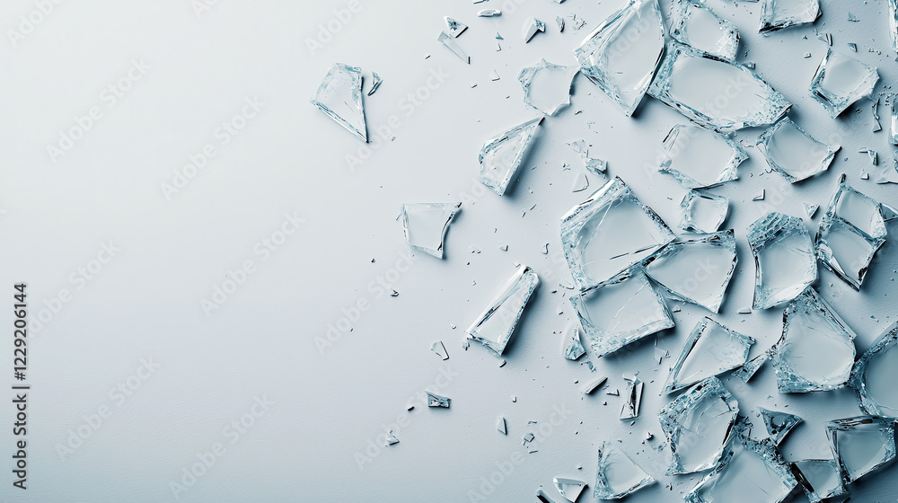 Poster Shattered glass pieces scattered on light gray background, creating sense of fragility and chaos. sharp edges and reflections add depth to composition