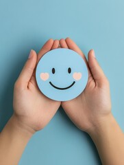 Hands holding small light blue happy smile face paper cut background. Feedback customer positive, World mental health day,