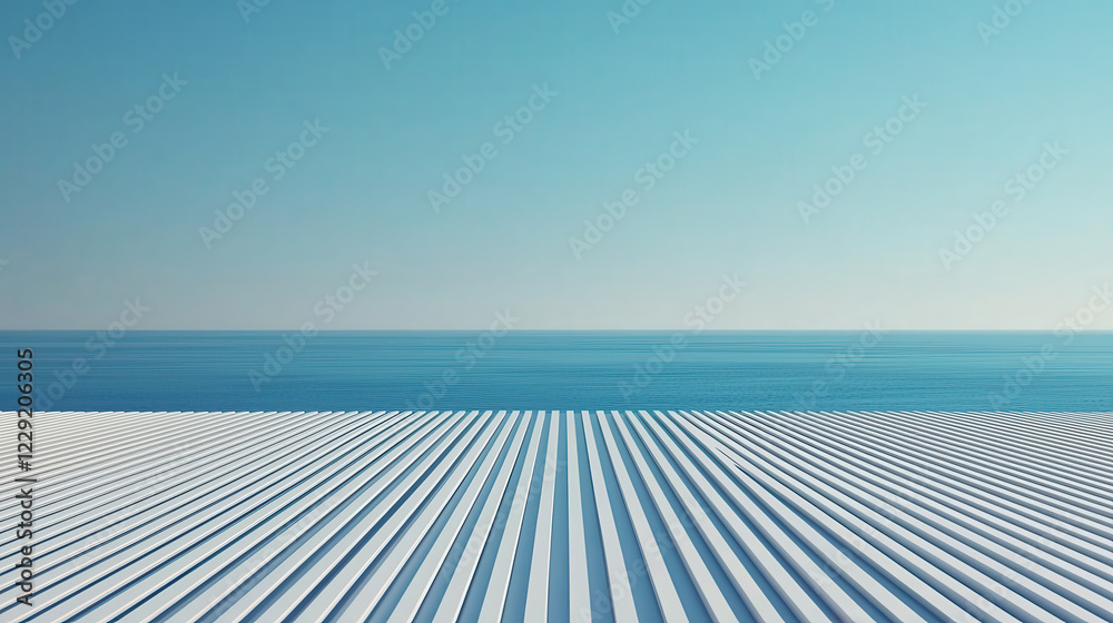 Poster serene minimalist landscape featuring horizontal lines and calm ocean under clear blue sky. composit