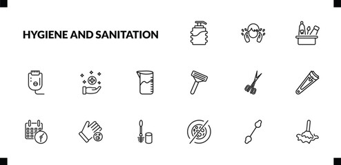 outline hygiene and sanitation icons set. editable linear face washer, hygiene kit, epliator, and other 12 icons in this category isolated on transparent background.