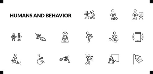 outline humans and behavior icons set. editable linear playing with a ball, business presentation, cooker couple, and other 12 icons in this category isolated on transparent background.