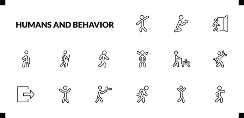 Fototapeta premium outline humans and behavior icons set. editable linear begging, come in, sitting down, and other 12 icons in this category isolated on transparent background.