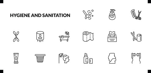 outline hygiene and sanitation icons set. editable linear antiseptic, grooming, cotton, and other 12 icons in this category isolated on transparent background.