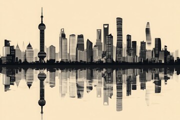 Fototapeta premium Stunning Silhouette of Shanghai Skyline with Reflections on Water, Showcasing Modern Architecture, Iconic Landmarks, and Urban Beauty at Dusk