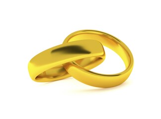 Two golden rings on a white background, wedding concept 3d rendering
