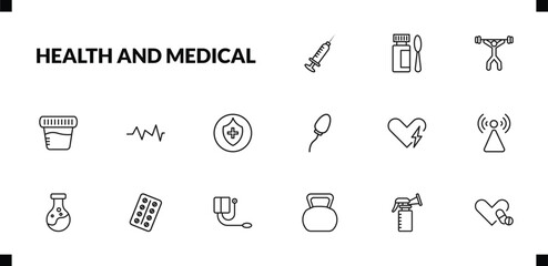 outline health and medical icons set. editable linear syrup, weightlifting, urine, and other 12 icons in this category isolated on transparent background.
