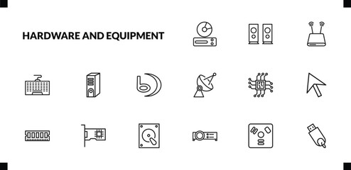 outline hardware and equipment icons set. editable linear two stereo speakers, modem with two antenna, keyboard wire, and other 12 icons in this category isolated on transparent background.