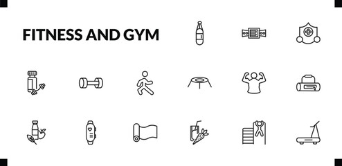 outline fitness and gym icons set. editable linear athletic strap, elevation mask, protein shake, and other 12 icons in this category isolated on transparent background.