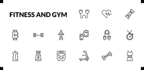 outline fitness and gym icons set. editable linear fitness heart, energy snack, fitness watch, and other 12 icons in this category isolated on transparent background.