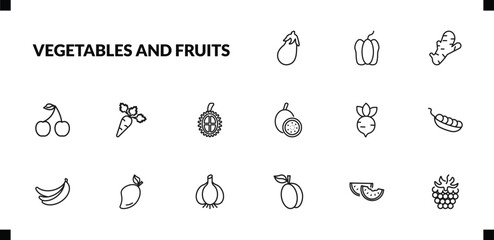 outline vegetables and fruits icons set. editable linear bell pepper, ginger, cherry, and other 12 icons in this category isolated on transparent background.