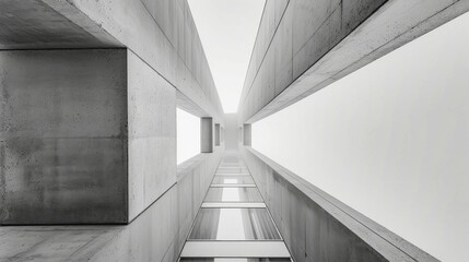 Greyscale image showing a symmetrical perspective of a building converging at a vanishing point, AI generated