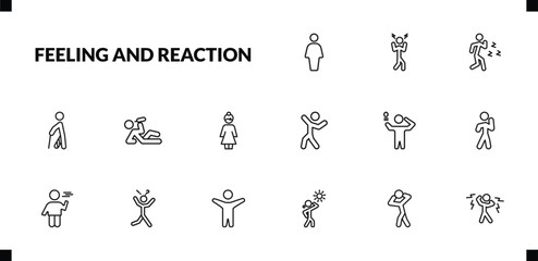 outline feeling and reaction icons set. editable linear aggravated human, pissed off human, hurt human, and other 12 icons in this category isolated on transparent background.