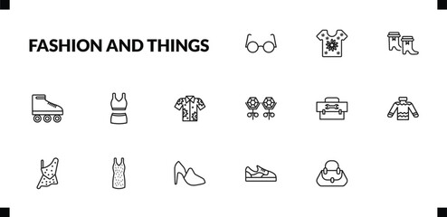 outline fashion and things icons set. editable linear t shirt with flowers, boot for women, roller skater, and other 12 icons in this category isolated on transparent background.