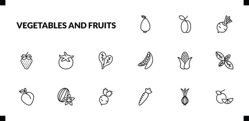 outline vegetables and fruits icons set. editable linear plum, beetroot, strawberry, and other 12 icons in this category isolated on transparent background.