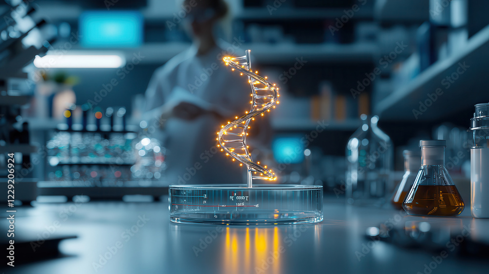 Poster realistic close up shot of glowing dna helix model laboratory setting, showcasing scientific researc