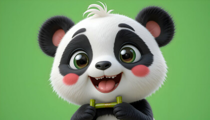 Fototapeta premium Adorable 3D Render of a Happy Baby Panda Holding Bamboo