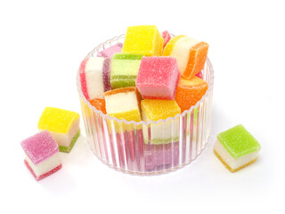 Square shape jelly candy isolated on white background, candy dessert colorful