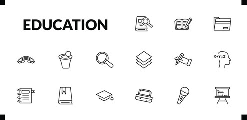 outline education icons set. editable linear book with marker, black folder, basic rainbow, and other 12 icons in this category isolated on transparent background.