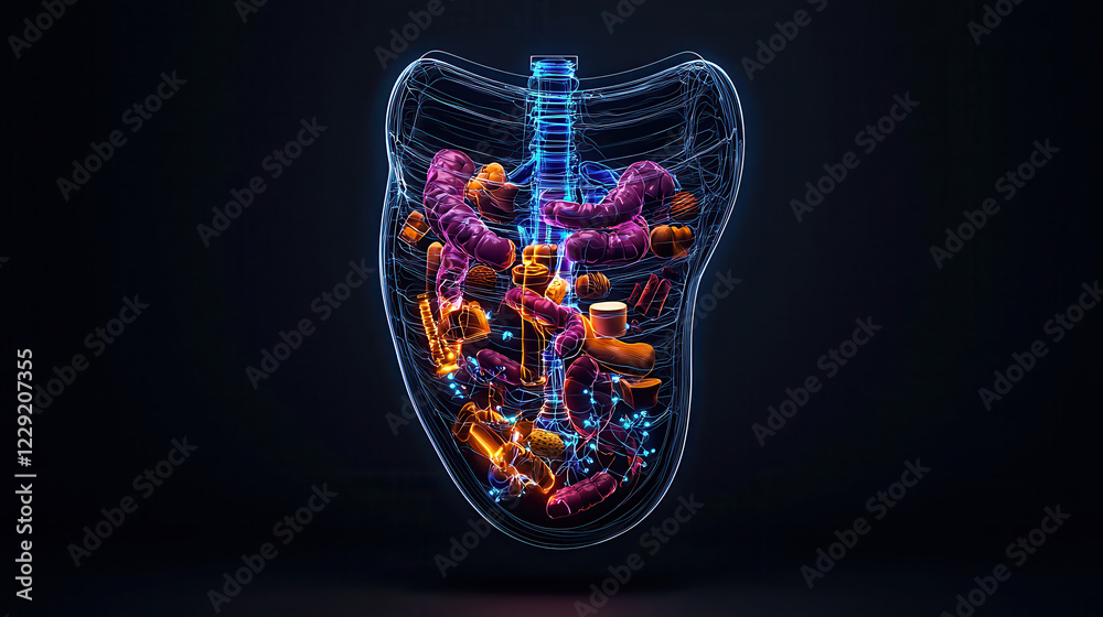 Fototapete realistic hologram x ray of stomach filled with various organs and structures, showcasing intricate 
