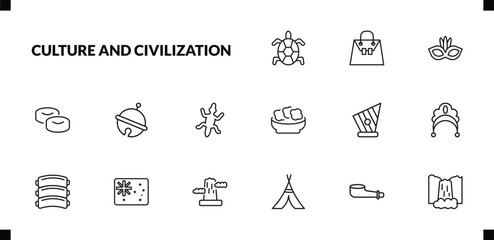 outline culture and civilization icons set. editable linear crocodile leather bag, brazil carnival mask, mantecados, and other 12 icons in this category isolated on transparent background.