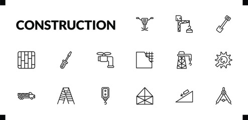 outline construction icons set. editable linear constructions, inclined shovel, , and other 12 icons in this category isolated on transparent background.