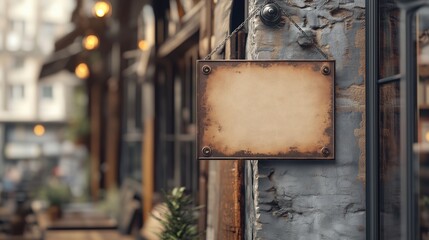 Rustic Blank Sign on Old Building: A weathered, blank square sign hangs on a rustic stone building, creating a charming and vintage aesthetic perfect for displaying your message or logo.