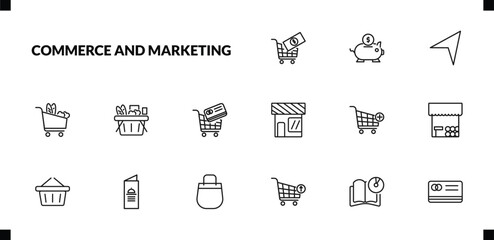 Fototapeta premium outline commerce and marketing icons set. editable linear piggy bank with coin, , grocery, and other 12 icons in this category isolated on transparent background.