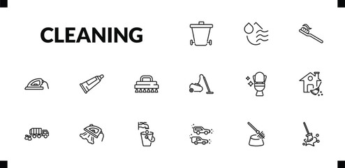outline cleaning icons set. editable linear dry, toothpaste cleanin, iron cleanin, and other 12 icons in this category isolated on transparent background.