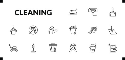 outline cleaning icons set. editable linear compress cleanin, wiping dustpan, hanger cleanin, and other 12 icons in this category isolated on transparent background.