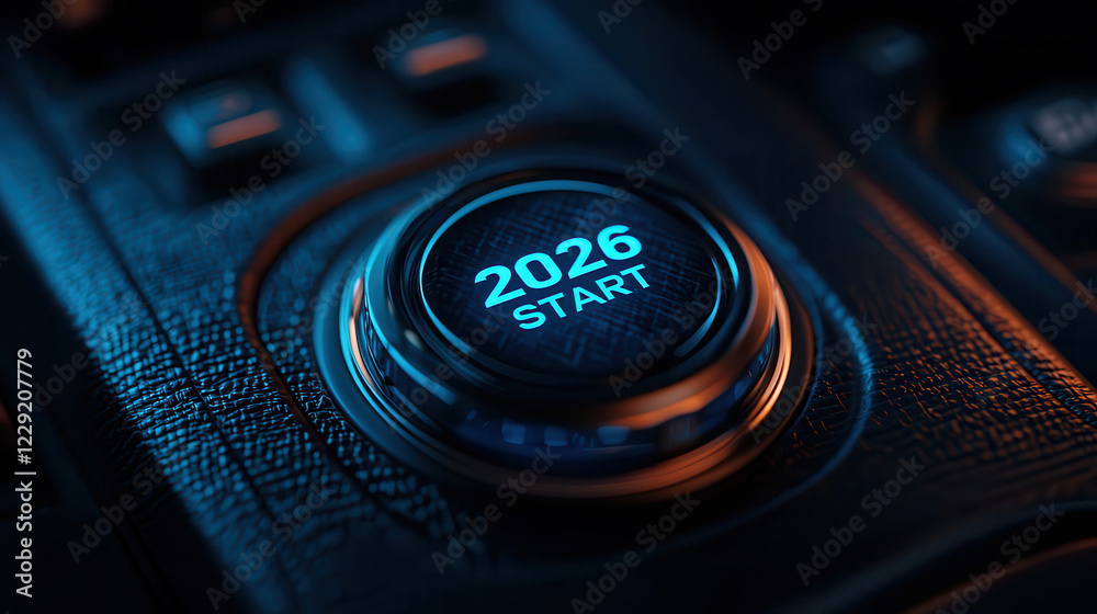Poster sleek and modern car engine start button featuring text 2026 START illuminated in blue. design showcases futuristic aesthetic with textured surface