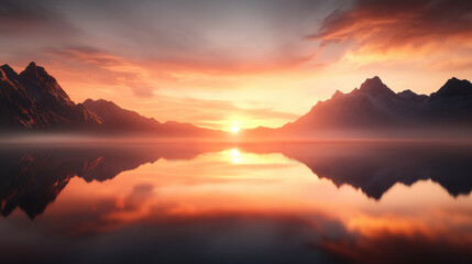 Obraz premium Serene Sunset Reflection: A breathtaking sunset casts a fiery orange and red glow over a tranquil lake, perfectly mirroring the majestic mountains on either side.