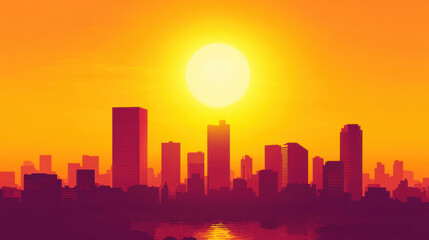 vibrant sunset casts warm glow over city skyline, highlighting tall buildings and reflecting on water. scene evokes sense of tranquility and beauty
