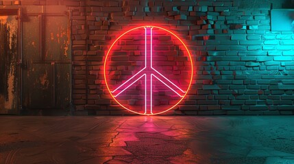 A neon peace sign on a brick wall.
