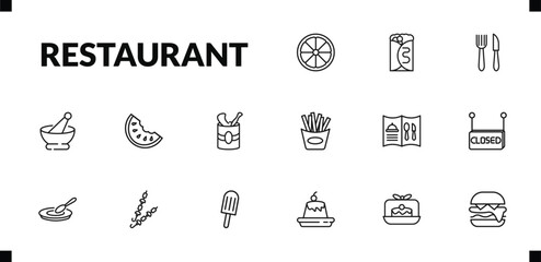 outline restaurant icons set. editable linear crepe and cream, thin knife, mortar with e, and other 12 icons in this category isolated on transparent background.