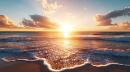 Obraz premium Golden Hour Seascape: A breathtaking golden hour sunset paints the sky in vibrant hues of orange, pink, and purple as waves gently lap against the sandy shore.