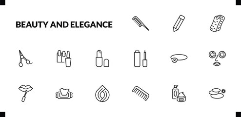 outline beauty and elegance icons set. editable linear pencils, bath sponge, hair scissors, and other 12 icons in this category isolated on transparent background.