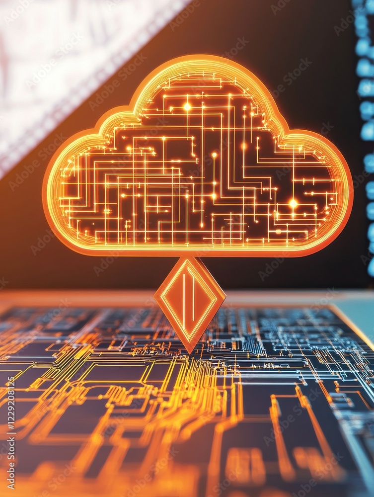 Poster cloud and internet information storage concept with digital cloud icon with arrow up with microcircu
