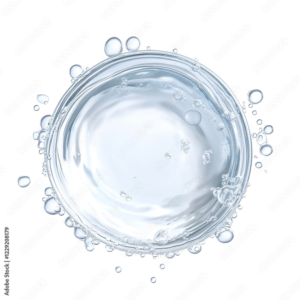 Poster a circular image of a clear water splash with numerous air bubbles against a black background.