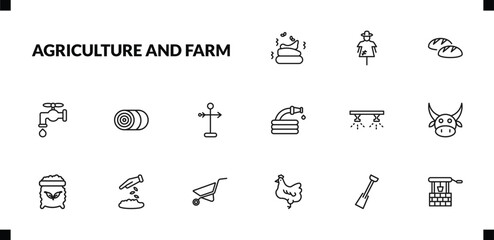 outline agriculture and farm icons set. editable linear scarecrow, bread, faucet, and other 12 icons in this category isolated on transparent background.