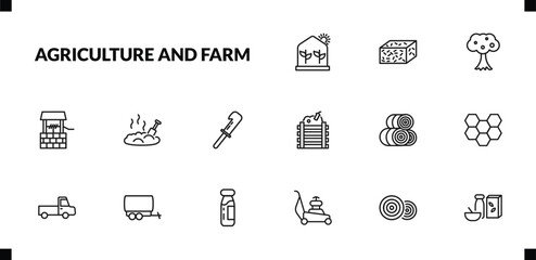 outline agriculture and farm icons set. editable linear straw bale, monoculture, water well, and other 12 icons in this category isolated on transparent background.