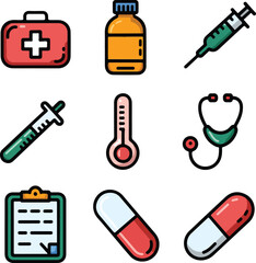 Flat Medical Icon Set for Nurse, Stethoscope, Patient, Clinic, Hospital, Pharmacy, Surgery, Health Care, Emergency, Equipment, Prescription, Wheelchair, First Aid, Diagnostic, Technology.