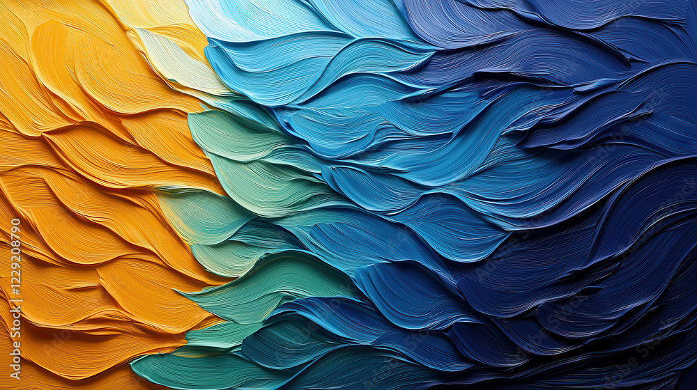 Poster Visually striking abstract artwork featuring vibrant waves of color blending from yellow to blue, creating dynamic and textured composition