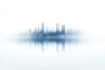 Fototapeta premium Dreamy Urban Skyline Reflection in Misty Waters with Soft Blue Hues, Evoking Serenity and Mystery in a Modern City Landscape