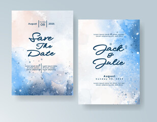 Wedding card invitation template with hand painted watercolor splash