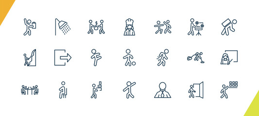 outline humans and behavior icons set. editable linear showering, people trading, woman cooking, and other 18 icons in this category isolated on transparent background.
