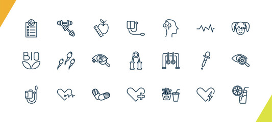 outline health and medical icons set. editable linear dumbbells, nutrition, blood pressure gauge, and other 18 icons in this category isolated on transparent background.