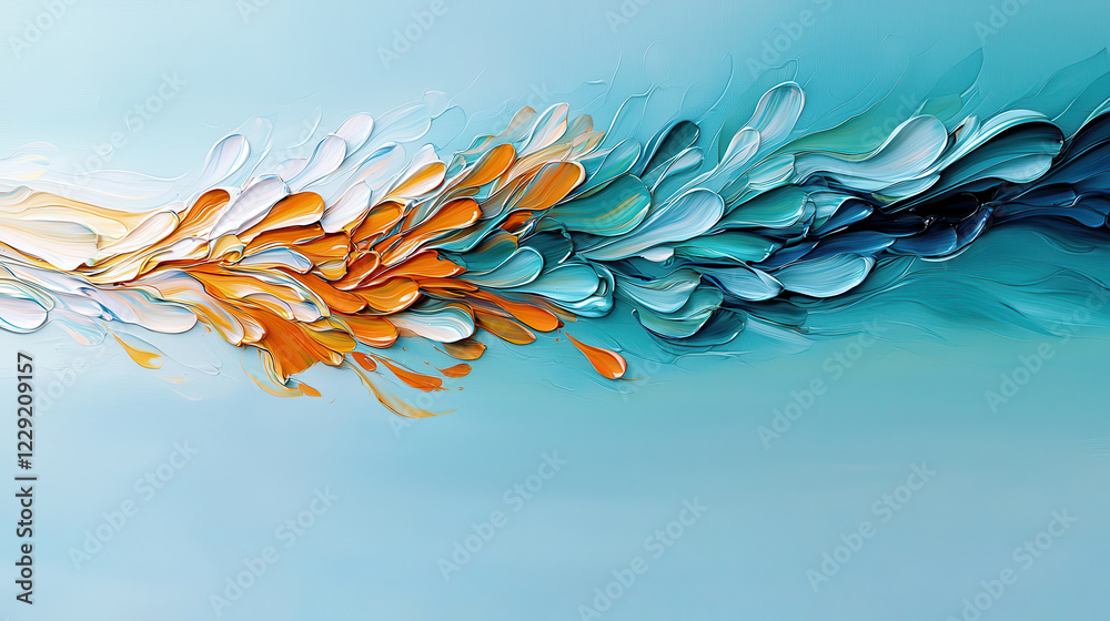Poster abstract energetic explosion of color and form radiating vibrant hues of orange, blue, and white, creating dynamic visual flow