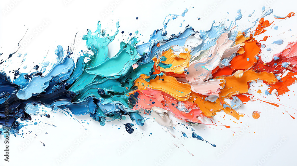 Poster abstract energetic explosion of color and form radiates across canvas, showcasing vibrant hues of blue, orange, and cream. dynamic flow of paint creates sense of movement and creativity