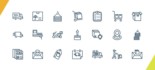 outline delivery and logistics icons set. editable linear logistic protection, container hanging, freight, and other 18 icons in this category isolated on transparent background.