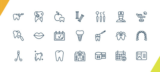 outline dental health icons set. editable linear bicuspid, dentist, chewing gum, and other 18 icons in this category isolated on transparent background.